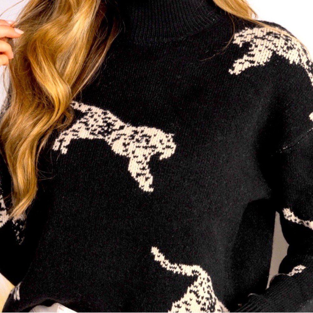 Never-worn Black Tiger Print Mock Neck Long Sleeve Sweater